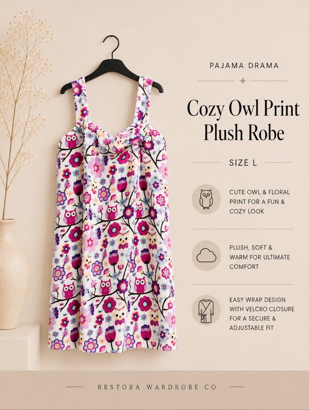 Cozy Owl Print Plush Robe Size L Pink White Loungewear
